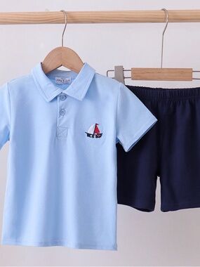 Light Blue Polo and Navy Shorts Kids Matching Set